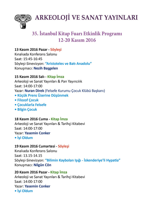 Arkeoloji Sanat Yayınları Fuar Etkinlik Takvimi