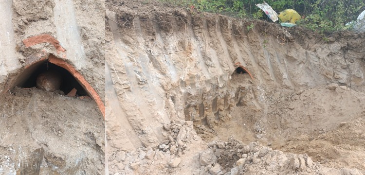 Yalova'daki villa inşaatında iş makinesi küp mezarı parçaladı